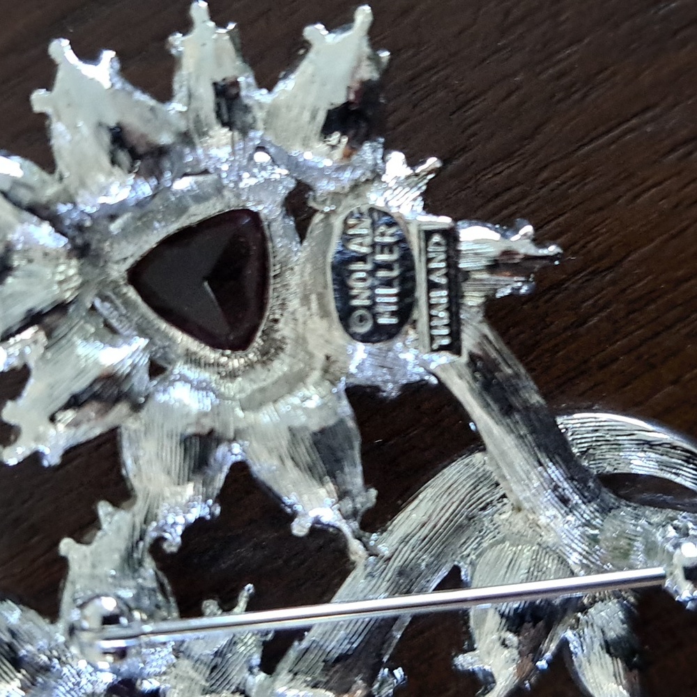 Nolan Miller Statement Brooch, Silver-tone, Rhinestone, Purple Stone - Picture 5 of 8